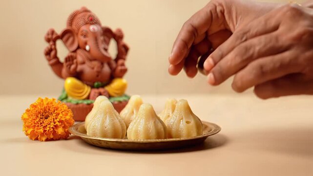 Ganesh chaturthi offering of modak sweets to the ganesha idol