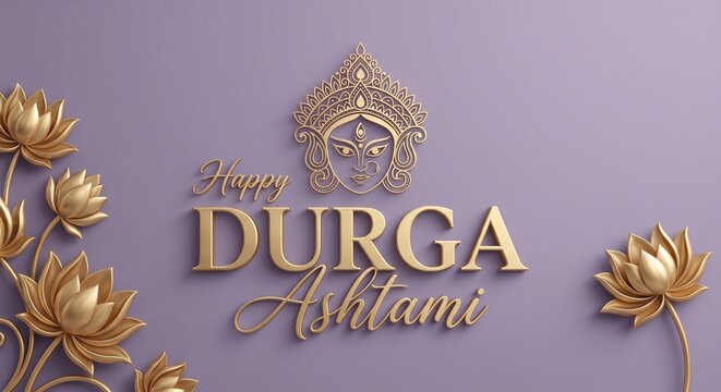 Durga Ashtami greeting with Goddess Durga's face outline and golden accents Hindu