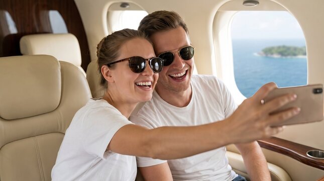 Happy tourist taking a selfie inside an airplane, cheerful young couple enjoying summer vacation, joyful travel atmosphere