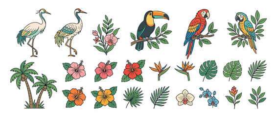 Obraz premium Tropical Birds and Exotic Flowers Collection Isolated