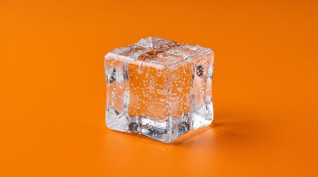 Ice cube with air bubbles on orange background
