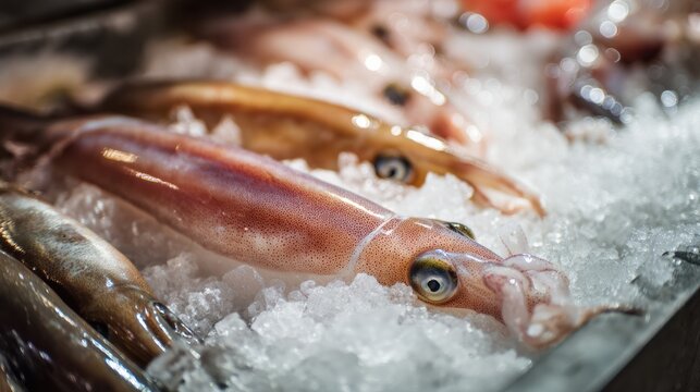 Fresh squid displayed on crushed ice at a seafood market, highlighting their smooth texture and clear eyes.