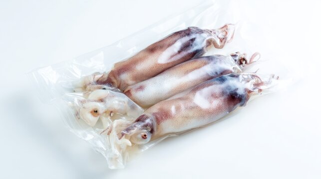 Vacuum-sealed fresh squids packaged for preservation on a white background.