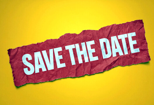 Torn red paper with bold white save the date text perfect for events