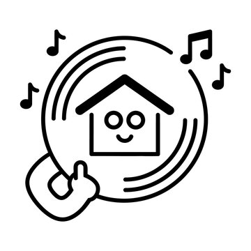 Minimalist vinyl record icon with house character. House music logo with musical notes. Black and white DJ record graphic.