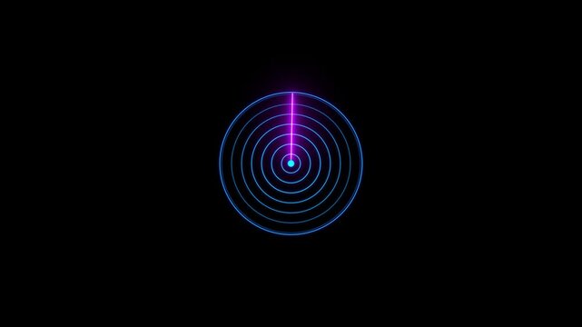 A circular radar interface with neon blue concentric rings and a vibrant pink sweeping line on a dark black background, evoking a futuristic and technological scanning concept. Keywords: radar