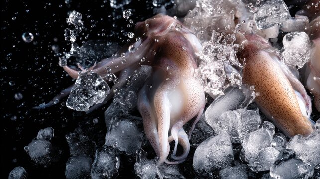 Two fresh squids lie on crushed ice, showcasing their smooth texture and tentacles in a close-up, high-contrast image.