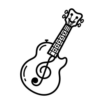 Minimalist guitar line art with treble clef, acoustic guitar musical icon, black and white string instrument illustration for logo design