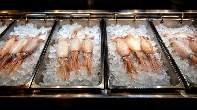 Fresh squids displayed on ice in metal trays, ready for sale at a seafood market or restaurant.