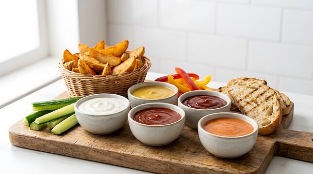 Assorted dips and sauces in small bowls with potato wedges and toasted bread on a wooden board. Easy BBQ dips