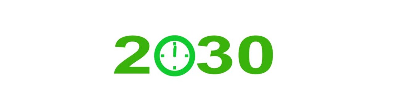 Bright green numbers 2030 with a clock face integrated into the zero on a white background symbolizing the passage of time and the approaching year Keywords: 2030, year, numbers, digits, clock