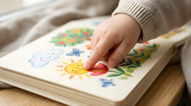 Toddler pointing at sun illustration in colorful picture book at home