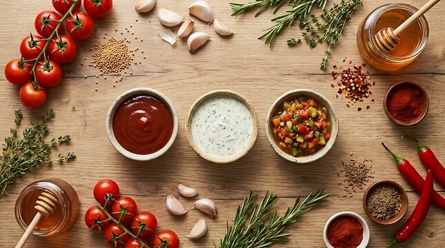 Three bowls of different sauces with fresh tomatoes garlic herbs and spices on a wooden table. Easy BBQ dips