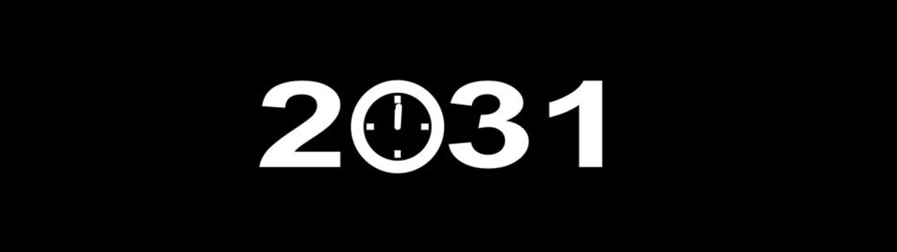 White Year 2031 Number with Integrated Clock Face Symbol on a Solid Black Background Representing Future Time and Countdown Concepts