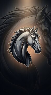 Powerful dark stallion head illustration with dramatic backlighting