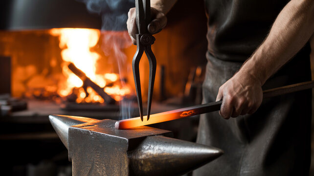 Blacksmith holding glowing red hot steel bar with tongs on anvil in traditional forge workshop stock photo