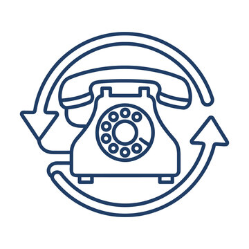 Vintage rotary telephone icon with circular arrows, retro call center symbol, blue line art phone for customer support