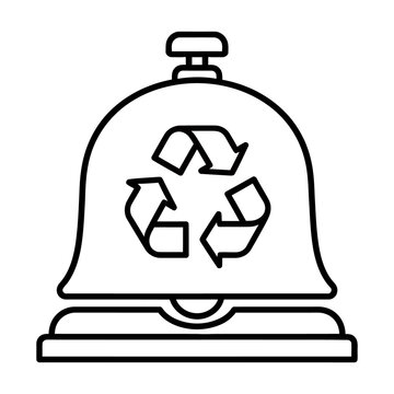Minimalist recycle bell icon, eco-friendly hotel service symbol, black line art reception bell with recycling arrows