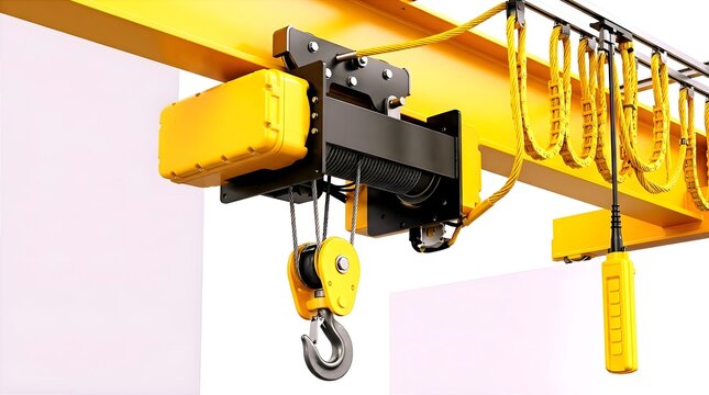 Yellow electric wire rope hoist overhead crane system with hook block and pendant controller isolated on white background for factory, warehouse, and industrial machinery content.