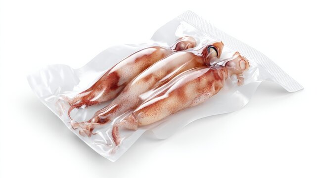 Vacuum-packed fresh squid in transparent plastic packaging, isolated on white background.