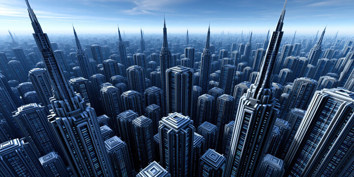 Aerial view futuristic city skyscraper metropolis skyline urban highrise blue dense tower cityscape horizon modern architecture panoramic mega city business district office building concrete steel