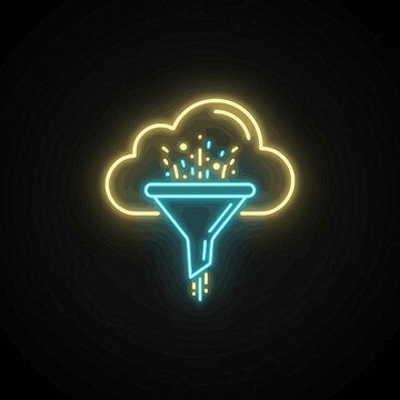 Neon cloud data funnel icon vector, glowing cyan and yellow outline on dark background. Futuristic analytics symbol for UI, app, web