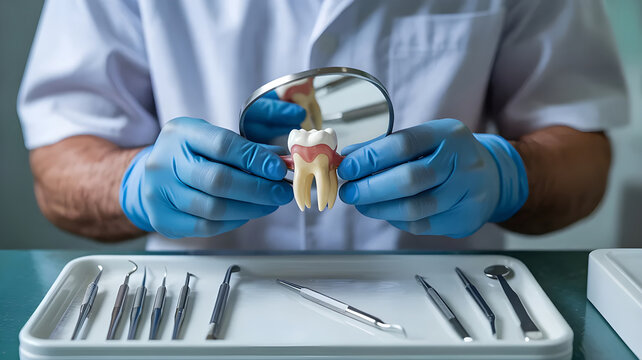 Dental specialist holds mirror observing artificial tooth structure on workspace.
