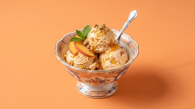 Peach ice cream served in a glass bowl with a spoon