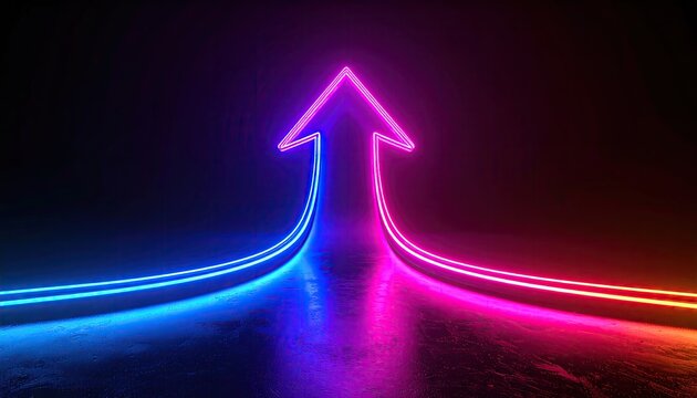 Upward glowing neon arrows merging in dark space.