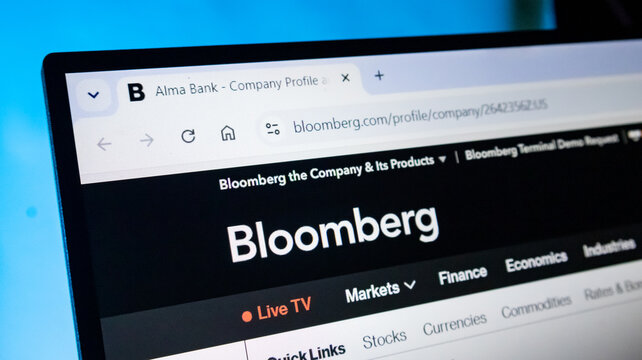 Computer screen displaying bloomberg company profile page with white background for professional research.