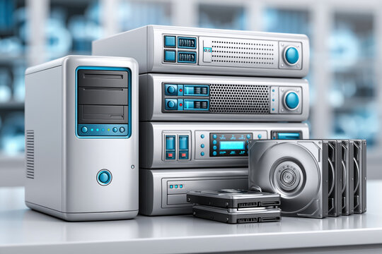 Desktop computer tower server rack hard drive storage device data center silver case blue light front panel hardware technology computer stack digital equipment electronic metallic modern clean