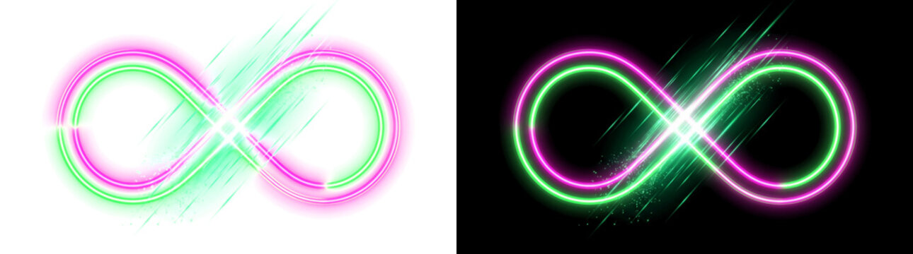 Double neon line infinity loop with rain streak overlay glowing transparent cutout element