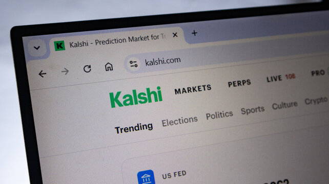 Kalshi prediction market website homepage displayed on a laptop screen for financial trading analysis.