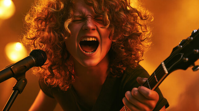 Closeup singer singing live with microphone and guitar curly hair stage lighting performance music concert young woman portrait energetic orange light