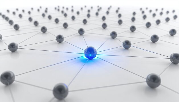 Abstract digital network structure with a single glowing light blue sphere node highlighting unique connectivity highlight abstract connection technology communication internet