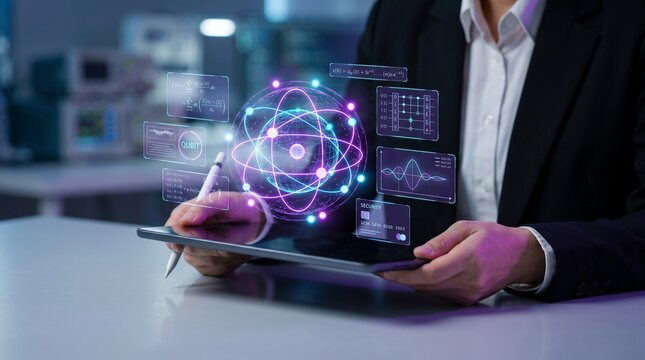 scientist using tablet with holographic quantum processor visualization, qubit state diagrams, and analytics panels for next generation computing technology.