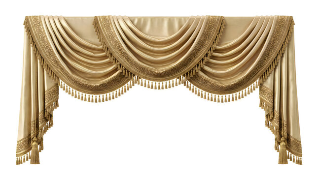 Elegant gold fabric window valance with detailed tassel fringe and classic draped swags