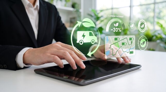 green transportation dashboard displaying electric delivery van, optimized logistics routes, battery monitoring, and verified eco certification for sustainable business operations.