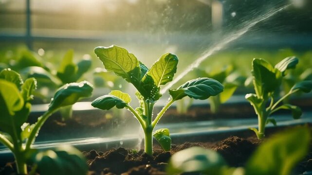 Smart irrigation system watering rows of young vegetable plants for efficient sustainable agriculture