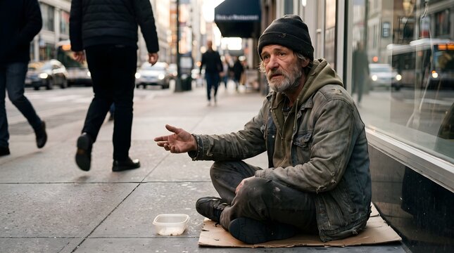 A homeless person on the sidewalk