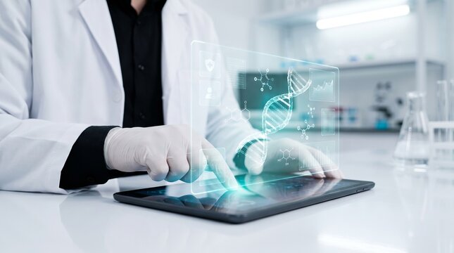 scientist using digital tablet with holographic dna structure, molecular analysis, and biotechnology research data in a modern laboratory environment.