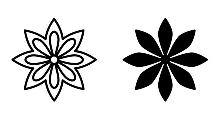 Obraz premium Eight-Petal Flower Icons, Outline and Silhouette, Simple Geometric Floral Vector Graphics