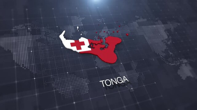 Tonga map with national flag on digital world map background, geographic border, global political and international news concept