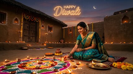 Naklejka premium A beautiful indian woman in a traditional teal silk saree lighting diyas on a vibrant rangoli for diwali celebration in a rustic village courtyard