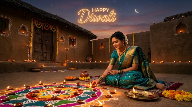 A beautiful indian woman in a traditional teal silk saree lighting diyas on a vibrant rangoli for diwali celebration in a rustic village courtyard