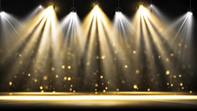 Stage spotlights illuminate a dark room with particles floating in the air