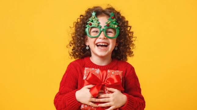 A happy young girl with curly hair wearing festive christmas glasses holding a red gift box