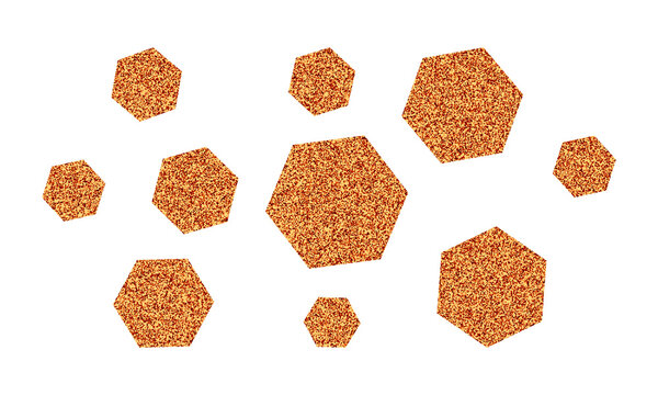 Set of textured orange hexagonal shapes isolated on transparent background