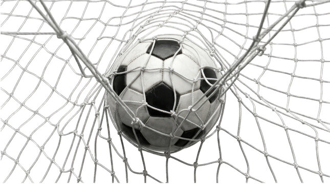 Soccer ball hitting net during goal moment in black and white high action capture.