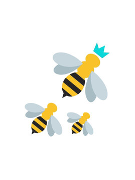 Queen bee wearing a crown leading worker bees
